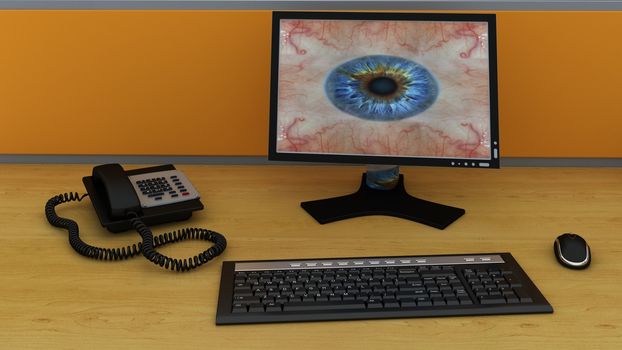 desktop, keyboard and mouse with telephone isolated on desk. 3d rendered