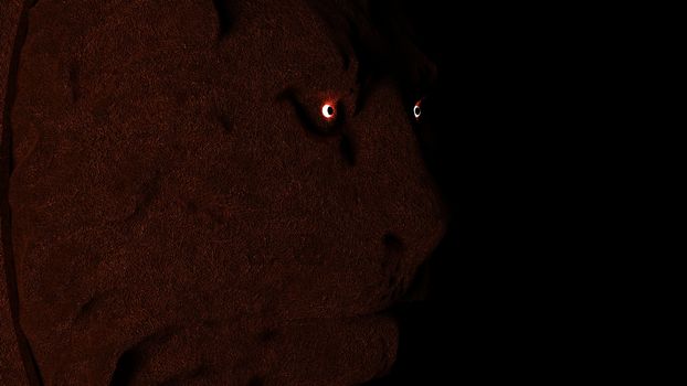 Lion close up face showing on black background, illustration. 3d rendered.