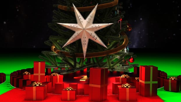 Christmas decorative tree with star and shiny red color gift boxes binding by gold ribbon. 3D render