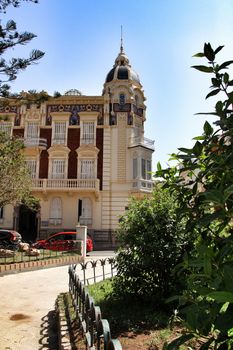 Cartagena, Murcia, Spain- July 27, 2019: Old colorful and beautiful facade in Cartagena city in Summer.
