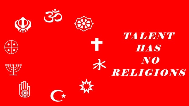 Talent has no religion showing all signs in red colour background illustration