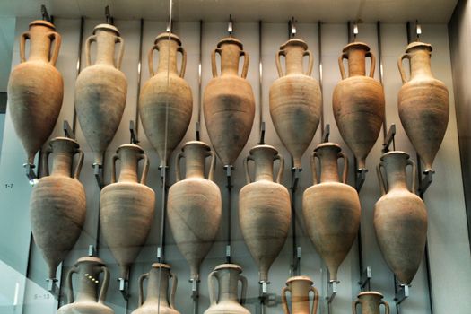 Cartagena, Murcia, Spain- July 26, 2019: Archeological remains in the Underwater Museum of Cartagena, Murcia, Spain. Amphoras in perfect condition