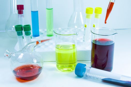 Chemical laboratory instruments, glassware and pipette. Tests and research diagnoses in lab.