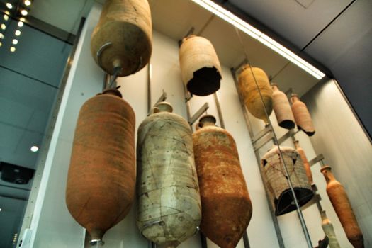 Cartagena, Murcia, Spain- July 26, 2019: Archeological remains in the Underwater Museum of Cartagena, Murcia, Spain. Amphoras in perfect condition