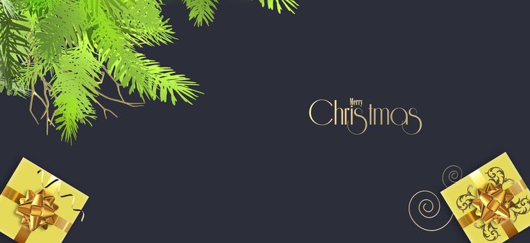 Merry Christmas banner. Realistic gift boxes, Xmas fir, gold text Merry Christmas on black background. 3D render