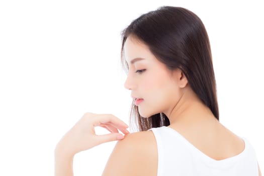 Portrait of beautiful asian woman makeup of cosmetic, beauty of girl with face smile attractive isolated on white background, perfect with wellness and healthcare concept.