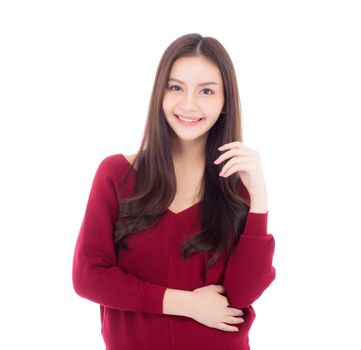 Portrait of beautiful asian woman makeup of cosmetic, beauty of girl with face smile attractive isolated on white background, perfect with wellness and healthcare concept.