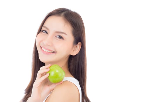 Beautiful young asian woman smile and holding green apple fruit with wellness and healthy isolated on white background.