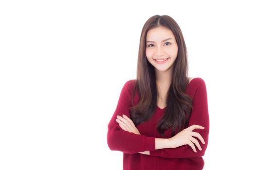 Portrait of beautiful asian woman makeup of cosmetic, beauty of girl with face smile attractive isolated on white background, perfect with wellness and healthcare concept.