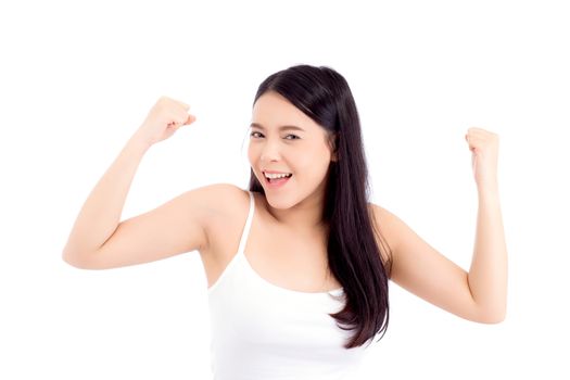 Portrait of beautiful asian woman power strong and strength, beauty of girl with wellness and smile isolated on white background, healthcare concept.