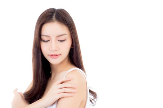 Portrait of beautiful asian woman makeup of cosmetic, beauty of girl with face smile attractive isolated on white background, perfect with wellness and healthcare concept.