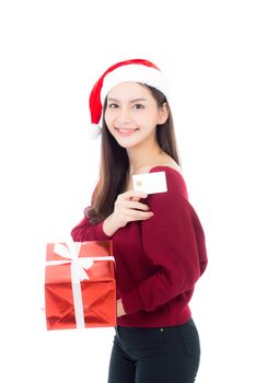 Happy asian woman with smile holding gift box and credit card of xmas, Present girl with christmas a holiday, girl with buyer isolated on white background, shopping with season concept.