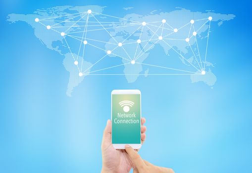 Man hand holding mobile smart phone with world social media network connection, business with global world map, Elements of this image furnished by NASA.