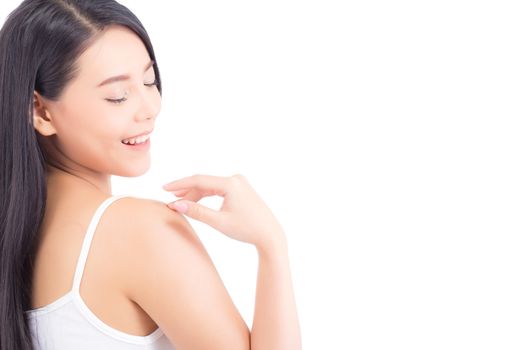 Portrait of beautiful asian woman makeup of cosmetic, girl touch  shoulder and smile attractive, face of beauty perfect with wellness isolated on white background with skin healthcare concept.