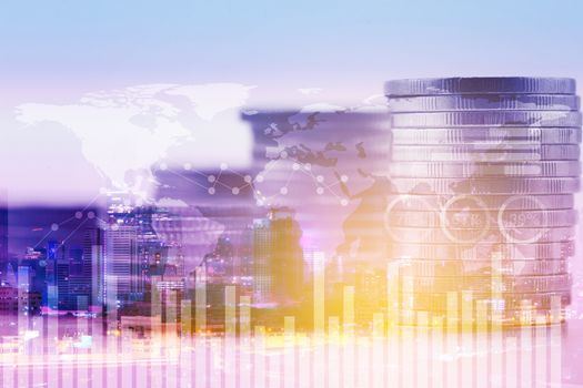 Finance and stock, banking and investment with graph and chart analysis cost, double exporsure of coin and city, business concept.