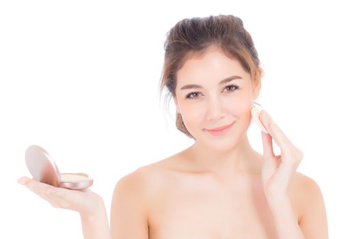 Portrait of beautiful asian woman applying powder puff at cheek makeup of cosmetic, beauty of girl with face smile isolated on white background, wellness and healthcare concept.