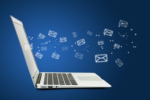 Computer laptop with sending email of contact, notebook with connection internet for message envelope technology, communication concept.