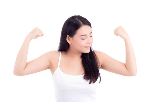 Portrait of beautiful asian woman power strong and strength, beauty of girl with wellness and smile isolated on white background, healthcare concept.