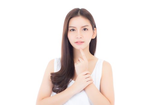 Portrait of beautiful asian woman makeup of cosmetic, girl hand touch mouth and smile attractive, lips beauty perfect with wellness isolated on white background with healthcare concept.