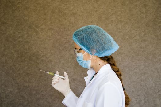 Doctors and needle, vaccination, antibiotic and immunization. Woman in uniform and needle with hand.