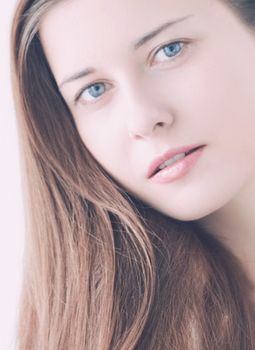 Beauty face portrait of a young woman, natural makeup look, skincare and hair care brand