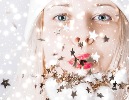 Magical Christmas and glitter snow background, blonde woman with positive emotion in winter season for shopping sale and holiday brands