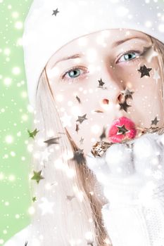 Happy Christmas and glitter snow background, blonde woman with positive emotion in winter season for shopping sale and holiday brands