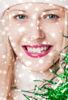 Magical Christmas and glitter snow background, blonde woman with positive emotion in winter season for shopping sale and holiday brands