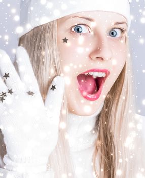 Happy Christmas and glitter snow background, blonde woman with positive emotion in winter season for shopping sale and holiday brands