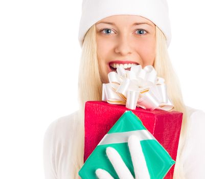 Happy woman holding Christmas gifts, white background with copyspace, shopping and holidays