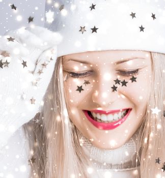 Merry Christmas and glitter snow background, blonde woman with positive emotion in winter season for shopping sale and holiday brands