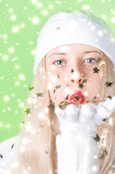 Happy Christmas and glitter snow background, blonde woman with positive emotion in winter season for shopping sale and holiday brands