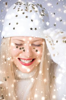 Happy Christmas and glitter snow background, blonde woman with positive emotion in winter season for shopping sale and holiday brands