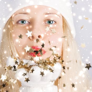 Shiny Christmas and glitter snow background, blonde woman with positive emotion in winter season for shopping sale and holiday brands