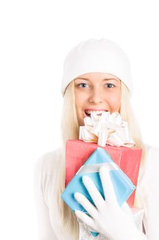 Happy woman holding Christmas gifts, white background with copyspace, shopping and holidays