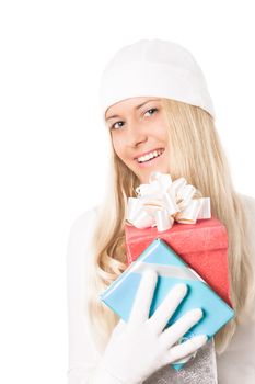 Happy woman holding Christmas gifts, white background with copyspace, shopping and holidays