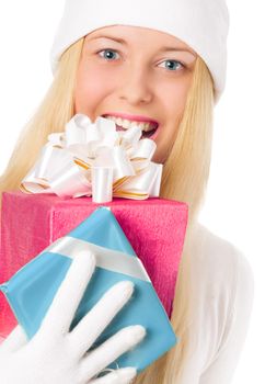 Happy woman holding Christmas gifts, white background with copyspace, shopping and holidays