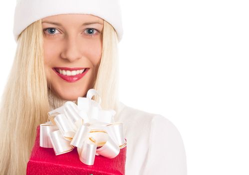 Happy woman holding Christmas gifts, white background with copyspace, shopping and holidays