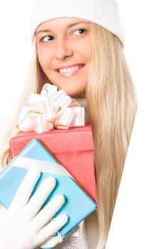 Happy woman holding Christmas gifts, white background with copyspace, shopping and holidays