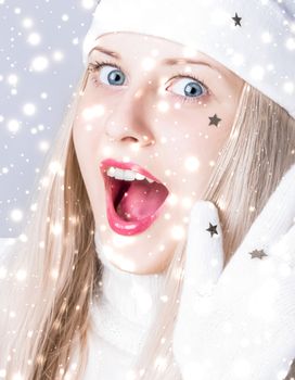 Christmas and glitter snow background, blonde woman with positive emotion in winter season for shopping sale and holiday brands