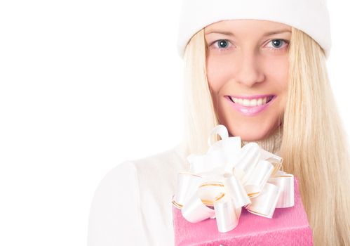 Happy woman holding Christmas gifts, white background with copyspace, shopping and holidays