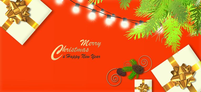 Christmas New Year banner. Xmas realistic 3D gift boxes, golden bow, fir branch, lights, cone over bright orange. Golden text Merry Christmas Happy New Year. Place for text. Horizontal 3D illustration