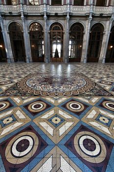 Porto, Portugal- January 6, 2020: Beautiful central courtyard mosaic floor in the Stock Exchange Palace in Porto