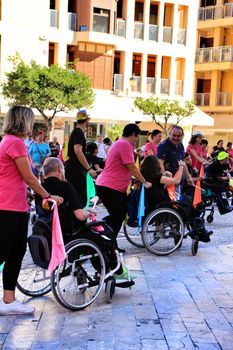 Elche, Alicante, Spain- October 3, 2018: People participating and having fun with activities in Elche city celebrating the world day of cerebral palsy