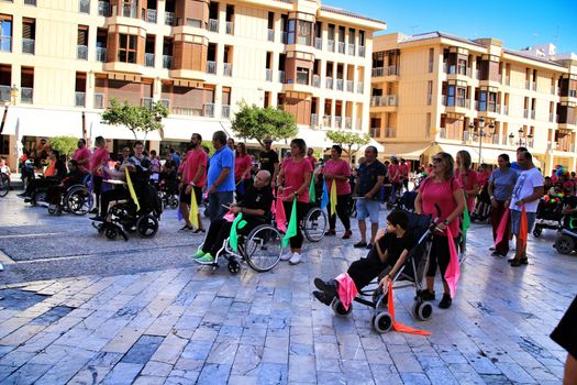 Elche, Alicante, Spain- October 3, 2018: People participating and having fun with activities in Elche city celebrating the world day of cerebral palsy