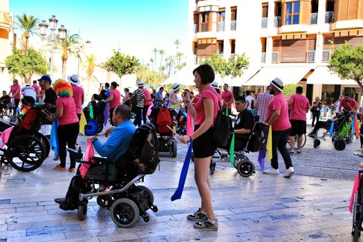 Elche, Alicante, Spain- October 3, 2018: People participating and having fun with activities in Elche city celebrating the world day of cerebral palsy