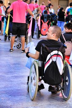 Elche, Alicante, Spain- October 3, 2018: People participating and having fun with activities in Elche city celebrating the world day of cerebral palsy
