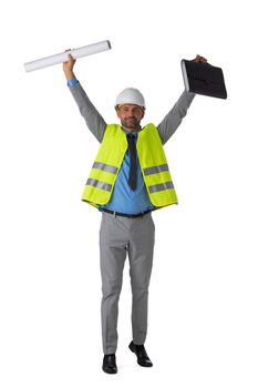 Male engeneer architect foreman in white hardhat and safety vest winner with raised arms isolated on white background full length studio portrait