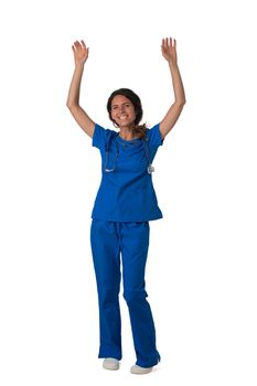 Portrait of happy smiling female nurse in blue uniform with raised arms isolated on white background full length studio portrait