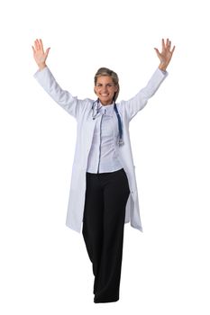 Young female medical doctor with stethoscope with raised arms isolated on white background full length studio portrait